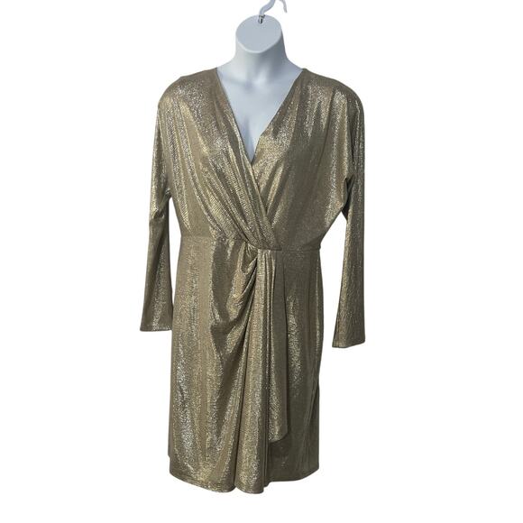 LAUREN RALPH LAUREN WOMENS 16 FAUX WRAP STRETCH COCKTAIL DRESS METALLIC GOLD NEW - Picture 6 of 14